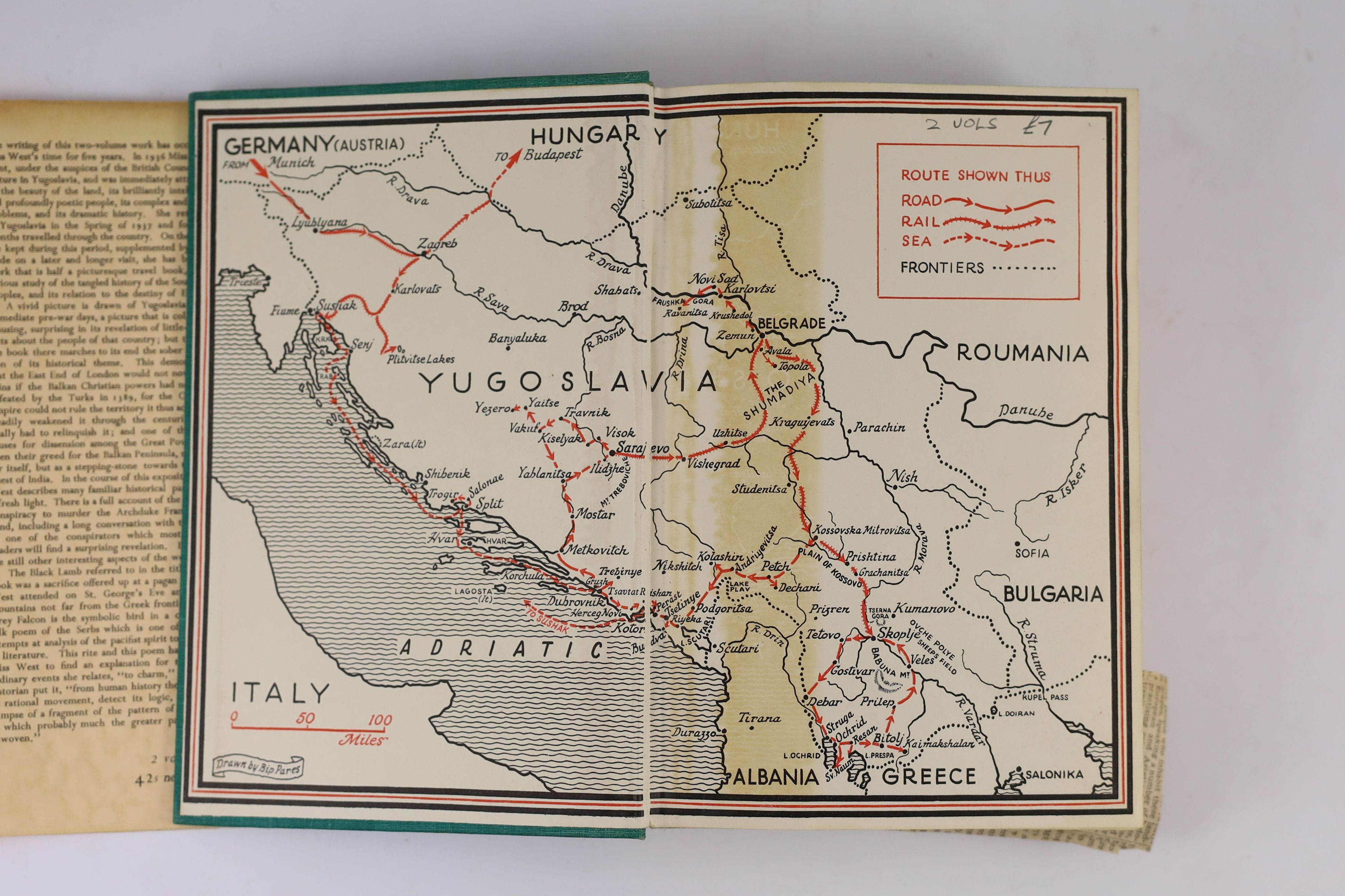 West, Rebecca - Black Lamb and Grey Falcon: The Record of a Journey Through Yugoslavia in 1937, 1st edition, 2 vols, 8vo, green cloth in unclipped d/j’s, cartographic endpapers, with 32 photographic plates, Macmillan & C